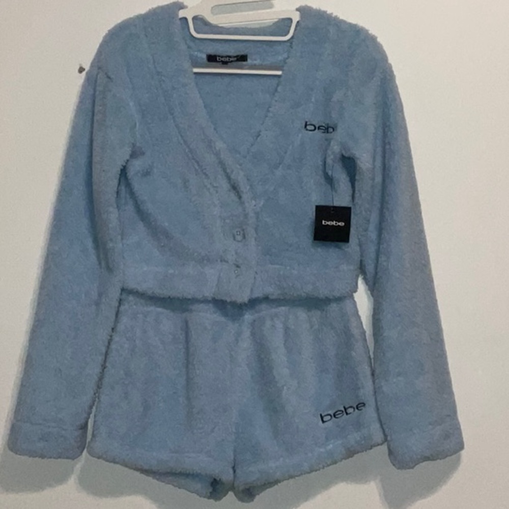 BEBE FUZZY PLUSH FLEECE BABY BLUE 2pc.SHORTS L/S BUTTON TOP LOUNGER SIZE XS NWT